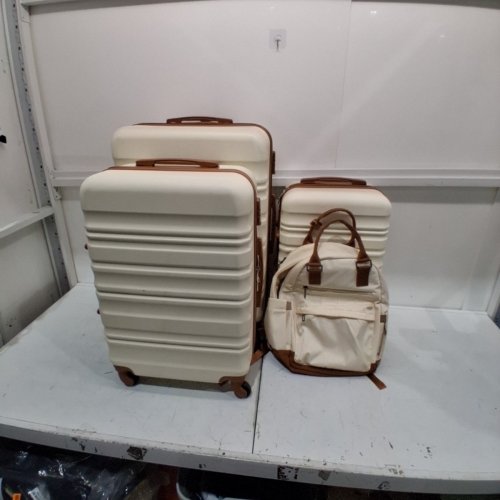4PC LONG VACATION HARDSIDE SPINNER LUGGAGE SET WITH TSA APPROVED LOCKS- 28", 24", 20", TRAVEL BACKPACK - WHITE/BROWN image 2