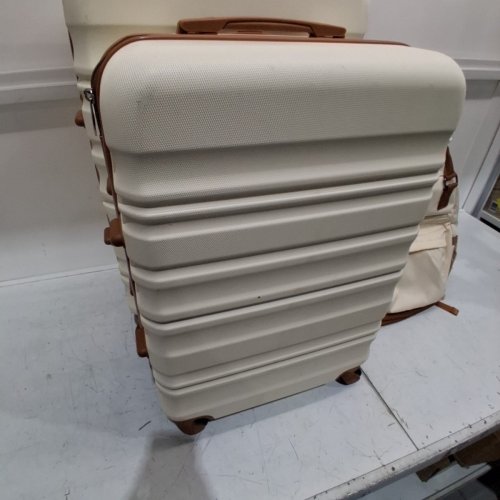 4PC LONG VACATION HARDSIDE SPINNER LUGGAGE SET WITH TSA APPROVED LOCKS- 28", 24", 20", TRAVEL BACKPACK - WHITE/BROWN image 3