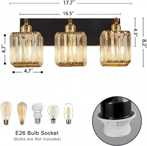 MODERN CRYSTAL 3-LIGHT VANITY LIGHT - 17.7"- BLACK AND GOLD (MODEL: JW-002-3) image 2