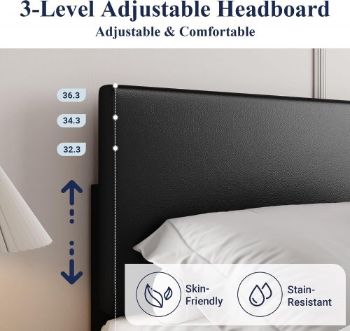 ALLEWIE HEAVY DUTY ADJUSTABLE FAUX LEATHER HEADBOARD PLATFORM BED WITH WOODEN SLATS - 82.1" X 77.6" X 32.3-36.3" - BLACK (MODEL: QESPBRB003) image 3