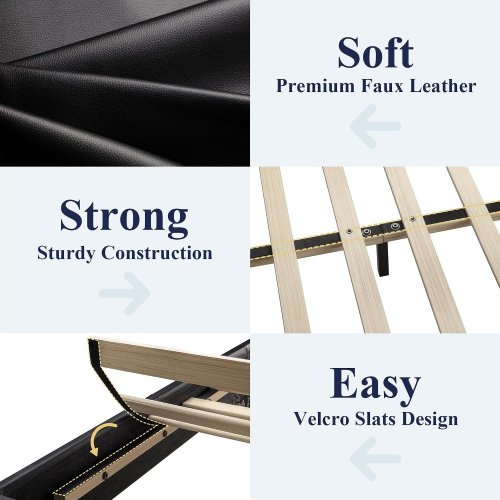 ALLEWIE HEAVY DUTY ADJUSTABLE FAUX LEATHER HEADBOARD PLATFORM BED WITH WOODEN SLATS - 82.1" X 77.6" X 32.3-36.3" - BLACK (MODEL: QESPBRB003) image 4