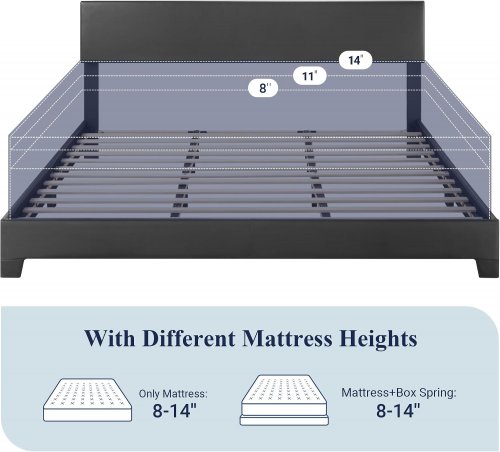 ALLEWIE HEAVY DUTY ADJUSTABLE FAUX LEATHER HEADBOARD PLATFORM BED WITH WOODEN SLATS - 82.1" X 77.6" X 32.3-36.3" - BLACK (MODEL: QESPBRB003) image 5