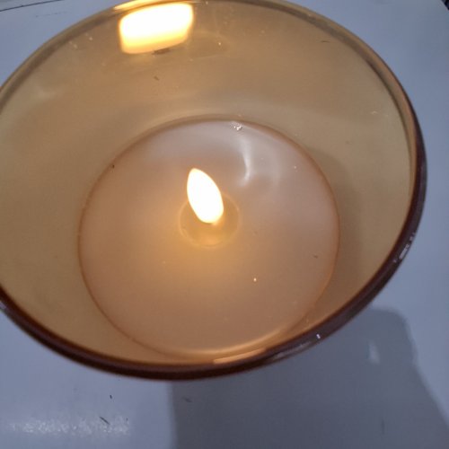 FAUX IRIDESCENT GLASS BATTERY OPERATED FLAMELESS CANDLE - 6" - AMBER image 2