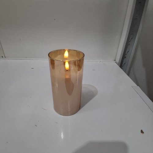 FAUX IRIDESCENT GLASS BATTERY OPERATED FLAMELESS CANDLE - 6" - AMBER image 3