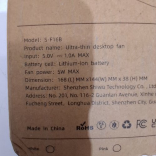 OTLONPE PORTABLE RECHARGEABLE SLIM DESK FAN - 5.7" X 6.5" - WHITE (MODEL: S-F16B) image 4