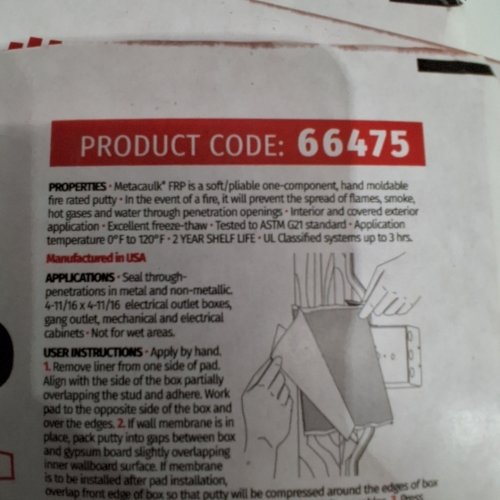 20PK METACAULK FIRE-RATED PUTTY PAD - 9" X 9" (MODEL: 66475) image 2