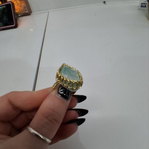HANDMADE ADJUSTABLE WIRE AMAZONITE AQUAMARINE STONE OVAL RING- ADJUSTABLE SIZE image 3