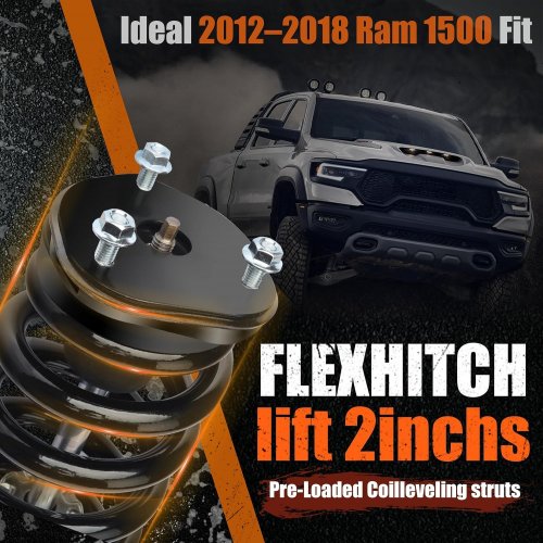 2PK FLEXHITCH 2" LOADED FRONT LEVELING STRUTS FOR DODGE 2012-2018 RAM 1500 & 2019-2024 CLASSIC 4WD - BLACK - (MODEL: FS-RB-2) image 3
