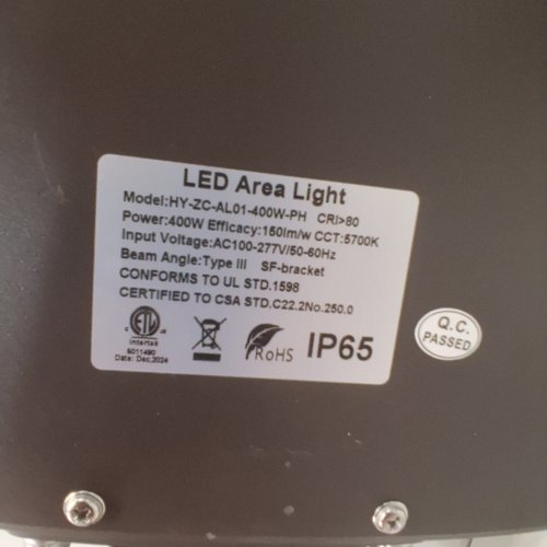 HYLELE OUTDOOR LED AREA LIGHT - 60000LM - 21.5"X12.5" - BLACK (MODEL: HY-ZC-A01-400W-PH) image 4