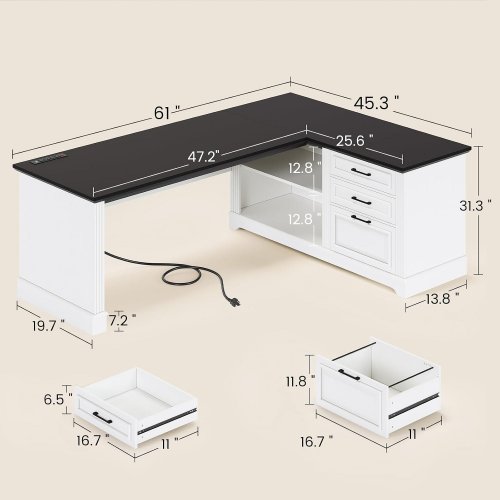 SEDETA FARMHOUSE EXECUTIVE L-SHAPED DESK WITH FILING DRAWERS AND CHARGING STATION - 61" X 45" - WHITE - (MODEL: AJ-DJ505137) image 2