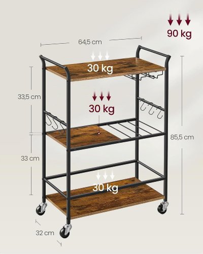 VASAGLE 3 TIER BAR CART WITH WINE RACK AND GLASS HOLDER - BLACK/BROWN (MODEL: LRC200K101) image 2