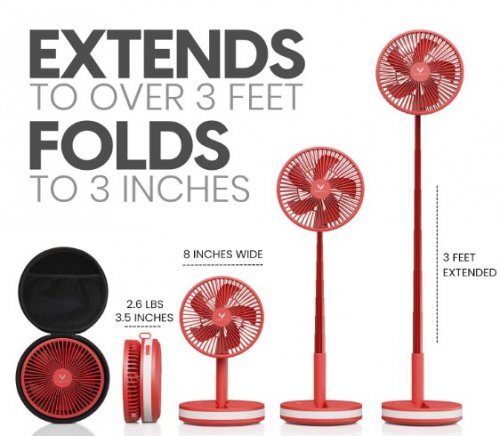VENTY PORTABLE RECHARGEABLE FAN WITH CARRYING CASE- FOLDABLE & EXTENDABLE - 4 POWER SPEEDS - RED image 3