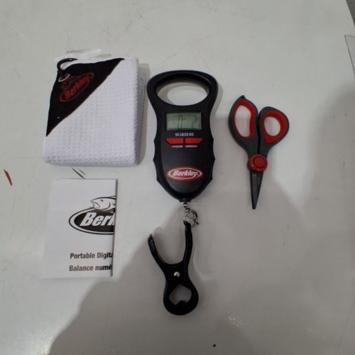 4PC BERKLEY ANGLER ESSENTIALS TOOL KIT WITH SCALE, PLIERS, SCISSORS AND TOWEL - 50LBS MAX - RED/BLACK image 3
