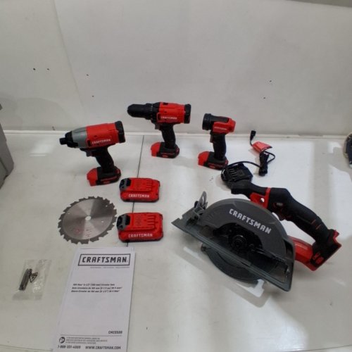 4PC CRAFTSMAN V20 MAX CORDLESS POWER TOOL KIT, CIRCULAR SAW WITH 6 1/2" BLADE, 1/4" IMPACT DRIVER, 1/2" DRILL/DRIVER, LED TASK LIGHT, BATTERY/CHARGER INCLUDED - RED /BLACK - (MODEL:CMCK401D2AM) image 2
