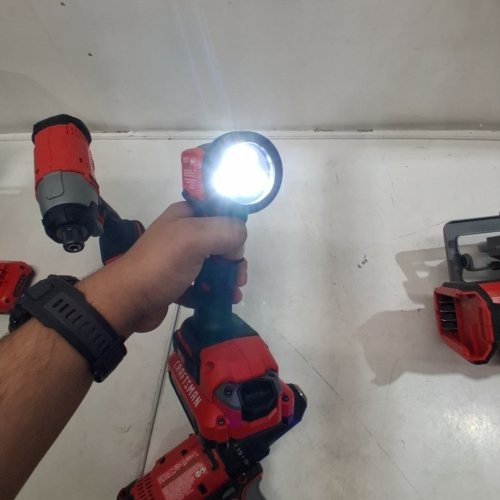 4PC CRAFTSMAN V20 MAX CORDLESS POWER TOOL KIT, CIRCULAR SAW WITH 6 1/2" BLADE, 1/4" IMPACT DRIVER, 1/2" DRILL/DRIVER, LED TASK LIGHT, BATTERY/CHARGER INCLUDED - RED /BLACK - (MODEL:CMCK401D2AM) image 14