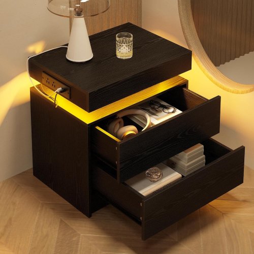 2PK LIKIMIO NIGHTSTAND END TABLE WITH CHARGING STATION AND LED LIGHTS - 18.9" X 13.8" X 23.6" - BLACK (MODEL: HK-NT-12A) image 2