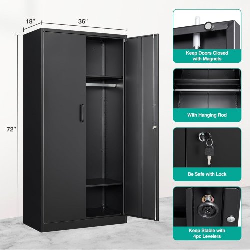 METAL WARDROBE CABINET WITH HANGING ROD AND LOCK - 72" - BLACK (MODEL: DBUSWG24424B) image 2