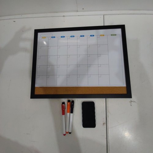 FRAMED DRY ERASE CALENDAR BOARD WITH CORK PANEL AND ERASER - 13" X 17" - BLACK FRAME image 2