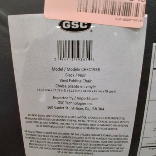GSC VINYL FOLDING CHAIR - 17" X 17" X 31" - BLACK (MODEL: CHFC1936) image 6