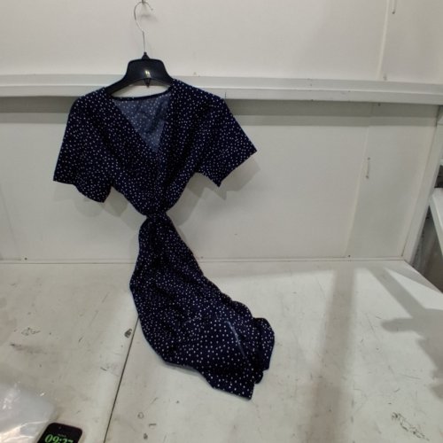 WOMENS POLKA DOT WRAP DRESS - LARGE - NAVY AND WHITE image 2
