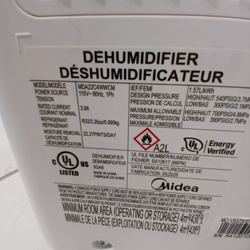 MIDEA DEHUMIDIFIER WITH SIDE ACCESS - 22 PINT - 1500SQ.FT - WHITE (MODEL: MDA22C4WWCM) image 3