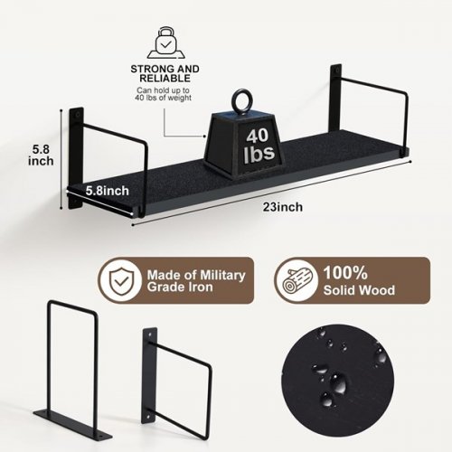3PK FLOATING WALL SHELVES SET - 23" - 40LBS CAP - BLACK / DARK WOOD image 2