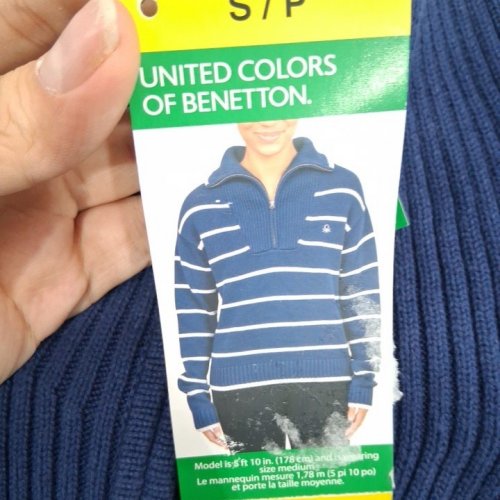 WOMEN'S UNITED COLORS OF BENETTON 1/4 ZIP SWEATER - SMALL - NAVY BLUE/WHITE STRIPE (STYLE:1805299) image 2