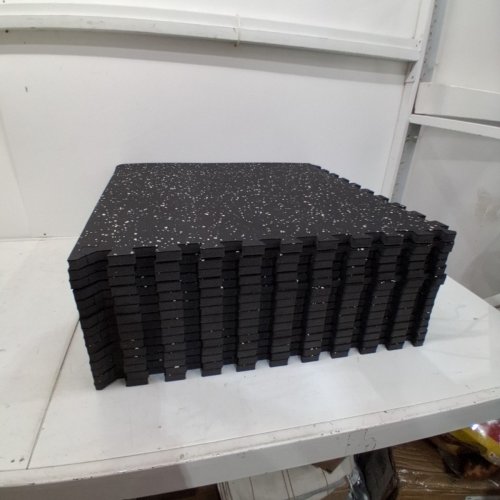 15PK ABBER NON-SLIP EVA FOAM INTERLOCKING GYM FLOOR MAT TILES WITH BORDER PIECES - 24" X 24" - BLACK/WHITE FLAKE (MODEL:24-24-15) image 2