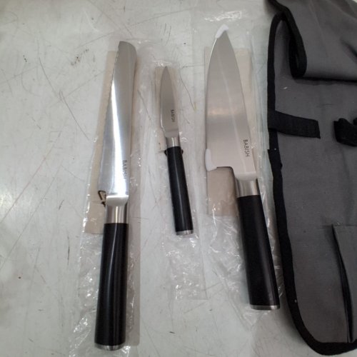 3PC BABISH GERMAN HIGH-CARBON 1.4116 STEEL CUTLERY WITH KNIFE ROLL - 8" CHEF'S KNIFE - 8" BREAD KNIFE - 3.5" PARING KNIFE - BLACK AND SILVER (MODEL: 131297.04R) image 4