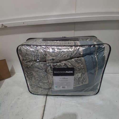 5PC MADISON PARK PAISLEY BEDSPREAD SET - OVERSIZED QUEEN - BEIGE AND BLUE (STYLE: MP13-8314) image 3