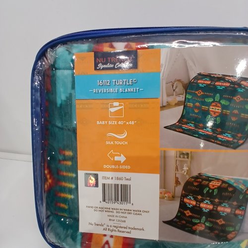 NU TRENDZ REVERSIBLE SILKY TOUCH SMALL THROW BLANKET - 40" X 48" - TEAL (STYLE: 16112/1860 TURTLE) image 2