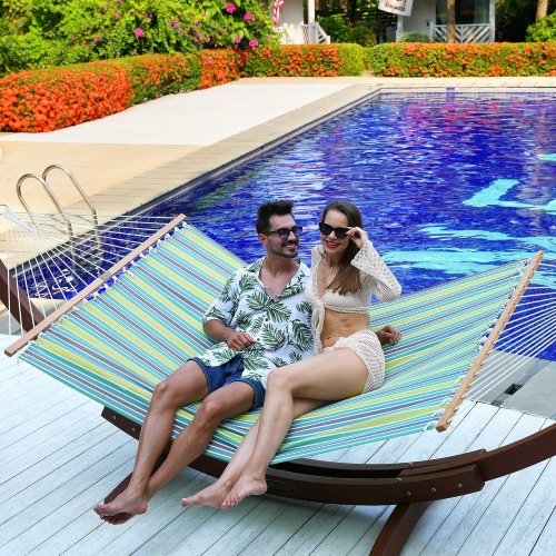 LAZY DAZE OUTDOOR QUICK DRY HAMMOCK WITH SPREADER BAR - 78" X 55" - 450 LBS MAX - BLUE / GREEN STRIPES (MODEL: HM-TH-BLUE-S) image 3