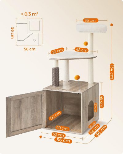 FEANDREA CAT TREE WITH LITTER BOX ENCLOSURE, SELF GROOMER AND SCRATCHING POST - 52" X 22" X 22" - BEIGE/GREY (MODEL: PCT115G01) image 2