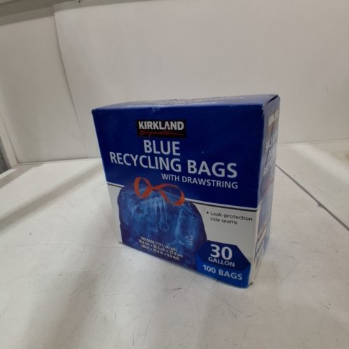100PK KIRKLAND SIGNATURE RECYCLING BAGS WITH DRAWSTRINGS - 30 GALLON - BLUE (MODEL: 1971090) image 4