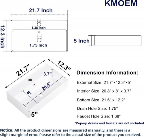 KMOEM WALL MOUNTED CERAMIC BATHROOM SINK WITH OVER FLOW - 22" X 12" - WHITE image 2