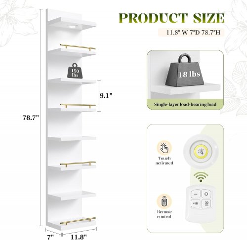 REIBII 8 TIER WALL SHELF UNIT WITH LED LIGHT - 79" - WHITE (MODEL: RBFS2008H8TRWH) image 2