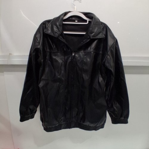 WOMEN'S FAUX LEATHER FULL-ZIP BOMBER JACKET WITH TURN-DOWN COLLAR & ELASTIC HEM - LARGE - BLACK image 2