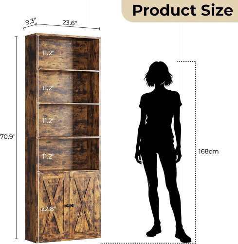 IRONCK 4-SHELF INDUSTRIAL WOODEN STORAGE BOOKCASE WITH DOORS - 24" X 9" X 71" - BROWN (MODEL: HK-SG-05) image 3