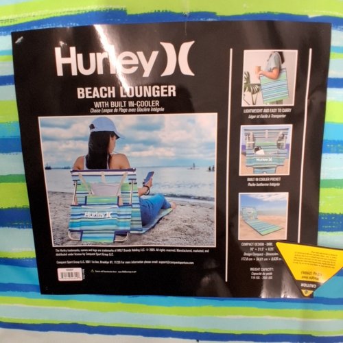 HURLEY BEACH LOUNGER WITH BUILT-IN COOLER - 70" X 21.5" - BLUE GREEN STRIPED image 2
