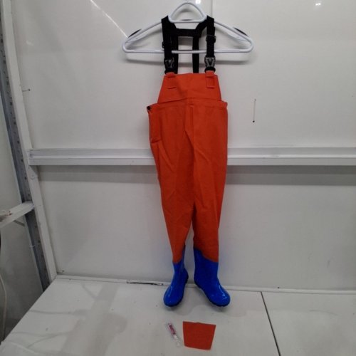 KIDS FISHING WADERS WITH BOOTS - YOUTH 12/14, WATERPROOF OVERALLS - ORANGE image 2