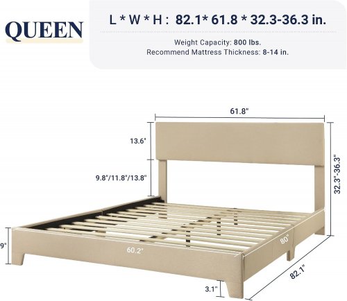 ALLEWIE UPHOLSTERED PLATFORM BEDFRAME - QUEEN - BEIGE (MODEL: USAN1055099-11/QESPBRB002) image 2