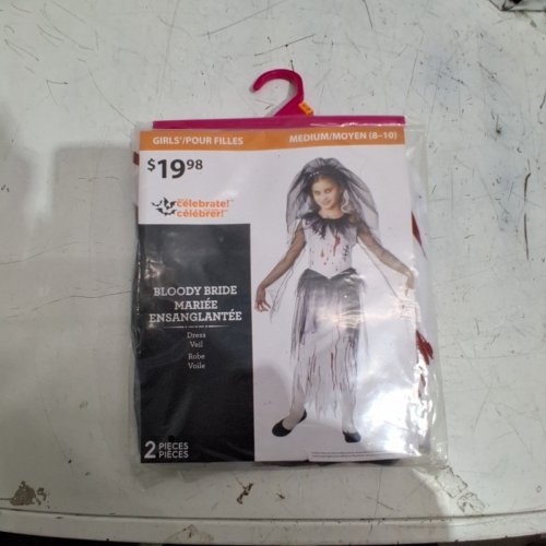 2PC GIRLS WAY TO CELEBRATE BLOODY BRIDE COSTUME DRESS AND VEIL - MEDIUM (8-10) - WHITE/BLACK/RED image 2