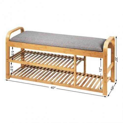 COSTWAY 3-TIER BAMBOO SHOE RACK WITH CUSHION - 40" X 13" X 20" - NATURAL (MODEL: HW65248) image 2