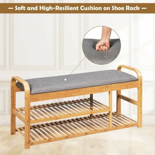 COSTWAY 3-TIER BAMBOO SHOE RACK WITH CUSHION - 40" X 13" X 20" - NATURAL (MODEL: HW65248) image 3
