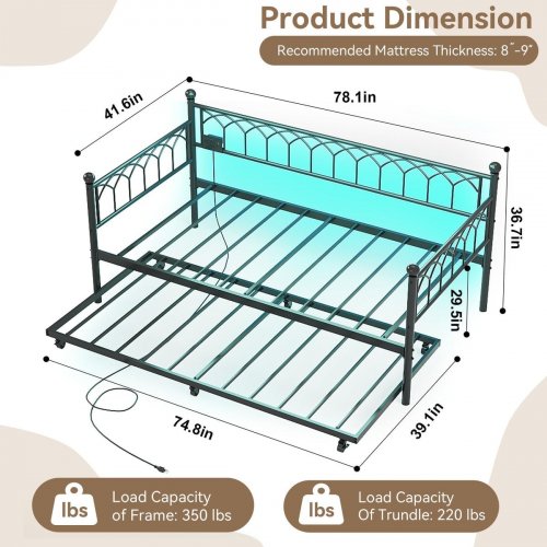 GARVEE METAL DAYBED WITH TRUNDLE, CHARGING STATION, & LED LIGHTS - TWIN/TWIN - BLACK - (MODEL: PHO_354NHULV) image 2