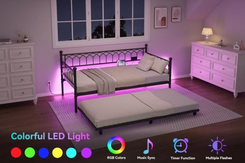 GARVEE METAL DAYBED WITH TRUNDLE, CHARGING STATION, & LED LIGHTS - TWIN/TWIN - BLACK - (MODEL: PHO_354NHULV) image 4
