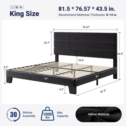 ALLEWIE UPHOLSTERED WOODEN PLATFORM BED FRAME WITH HEADBOARD - KING - BLACK (MODEL: KMLL003) image 2