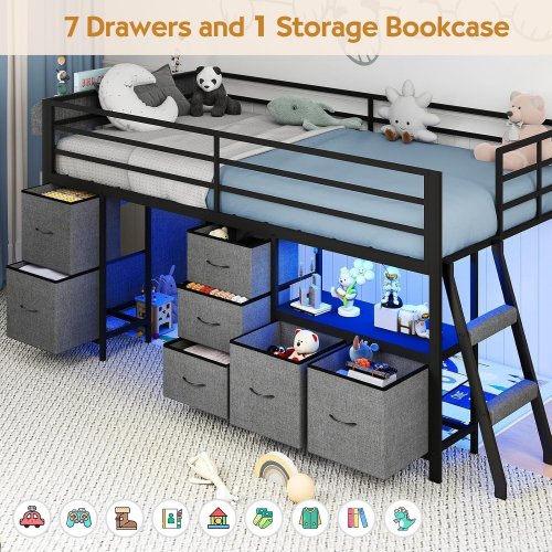 UINTAI LOW LOFT BED WITH 7 STORAGE DRAWERS AND LED - GREY - TWIN (MODEL: C385-T-BK) image 2