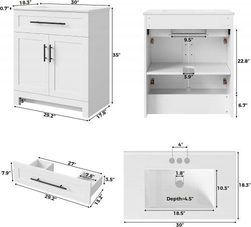 LIKIMIO WOODEN BATHROOM VANITY WITH SINK - 30" X 18" X 35" - WHITE - (MODEL: HK-KZXST-14) image 2