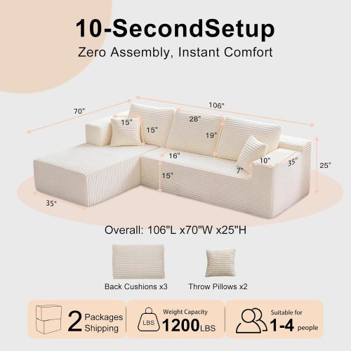 (2 BOXES) PROFUS MEMORY FOAM BONELESS MODULAR SECTIONAL SOFA COUCH WITH DEEP SEAT - 70" X 106" X 25" - WHITE (MODEL: 701R-BZF01-1 & 2) image 2